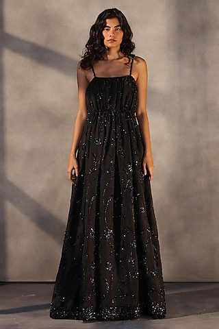 Ebony Black Taffeta Bead Embroidered Corset Gown by Payal Jain