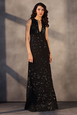 sachin and babi light blue dress elegant black sequin mermaid gown cape sleeves long formal