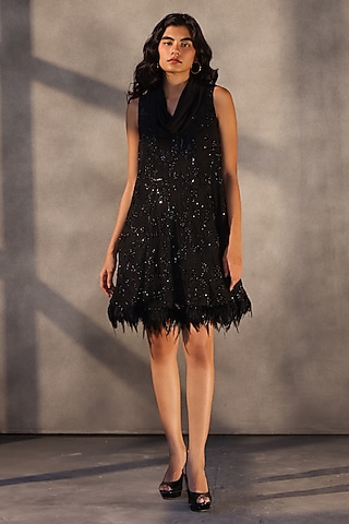 Ebony Black Georgette Sequins Embroidered Dress by Payal Jain