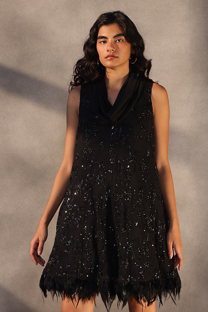 Ebony Black Georgette Sequins Embroidered Party Wear Dress by Payal Jain at Pernia's Pop Up Shop