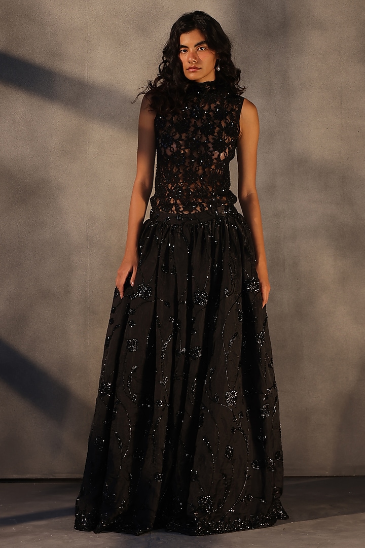 Ebony Black Taffeta Bugle Bead Embroidered Skirt by Payal Jain at Pernia's Pop Up Shop