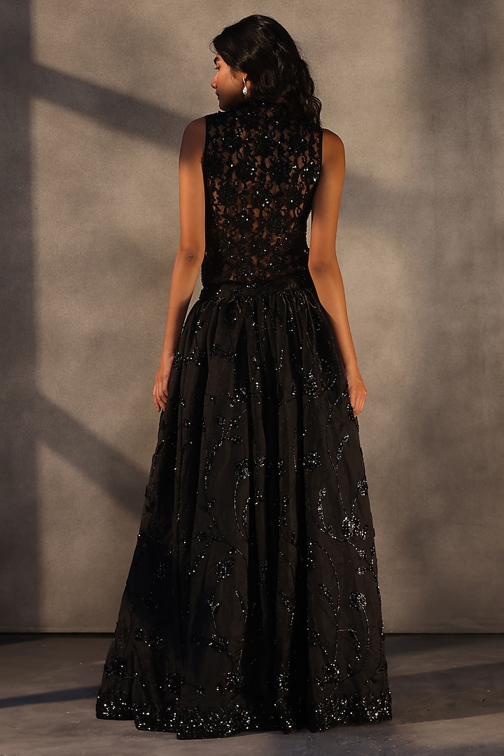 Ebony Black Taffeta Bugle Bead Embroidered Skirt by Payal Jain at Pernia's Pop Up Shop