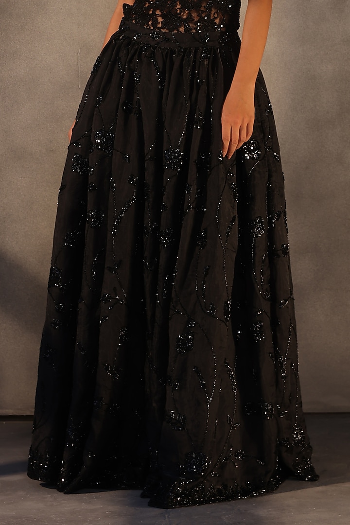 Ebony Black Taffeta Bugle Bead Embroidered Skirt by Payal Jain at Pernia's Pop Up Shop