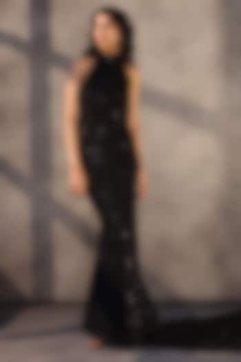 Ebony Black Georgette Embroidered Long Fishtail Wedding Gown by Payal Jain at Pernia's Pop Up Shop