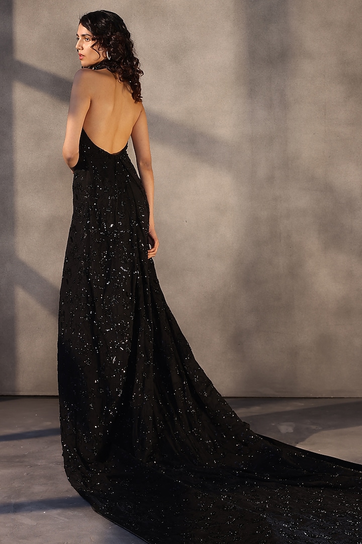 Ebony Black Georgette Embroidered Long Fishtail Wedding Gown by Payal Jain at Pernia's Pop Up Shop