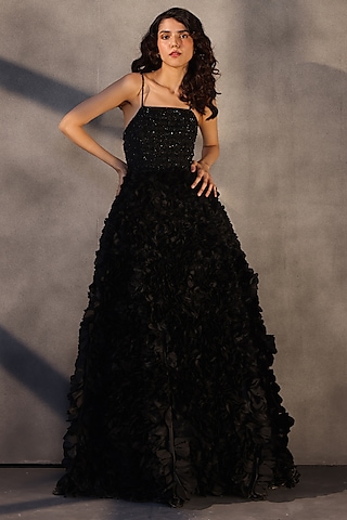 Ebony Black Taffeta Bugle Bead Embroidered Corset Dress by Payal Jain