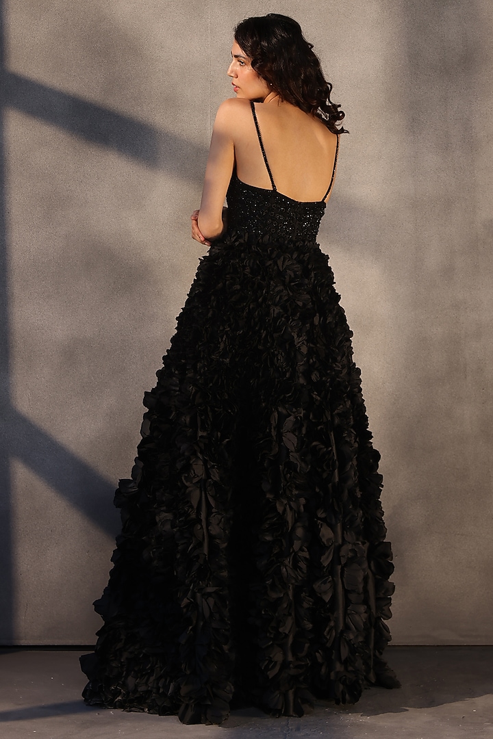 Ebony Black Taffeta Bugle Bead Embroidered Corset Party Wear Dress by Payal Jain at Pernia's Pop Up Shop