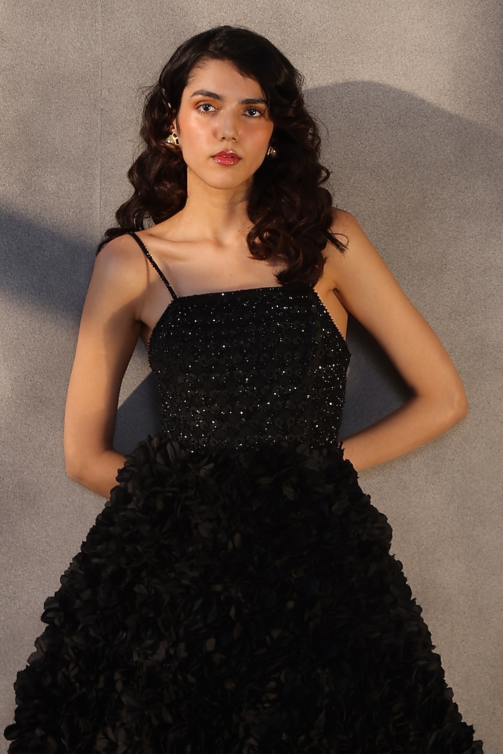Ebony Black Taffeta Bugle Bead Embroidered Corset Party Wear Dress by Payal Jain at Pernia's Pop Up Shop