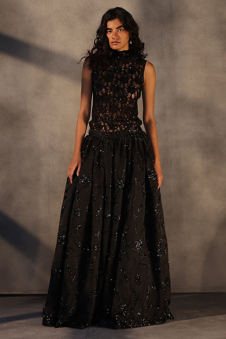 Ebony Black Chantilly Lace Top by Payal Jain at Pernia's Pop Up Shop