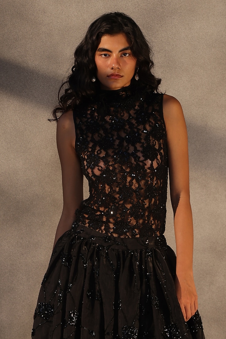 Ebony Black Chantilly Lace Top by Payal Jain at Pernia's Pop Up Shop