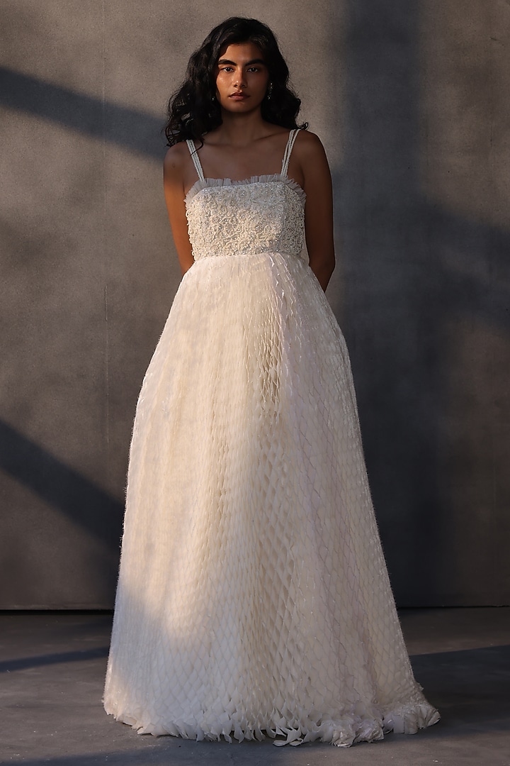 Ivory Taffeta Sequins Embroidered Bridal Gown by Payal Jain at Pernia's Pop Up Shop