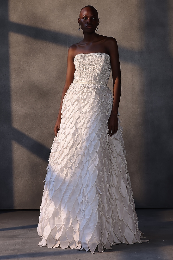 Off-White Taffeta Crystal Embroidered Corset Bridal Gown by Payal Jain at Pernia's Pop Up Shop