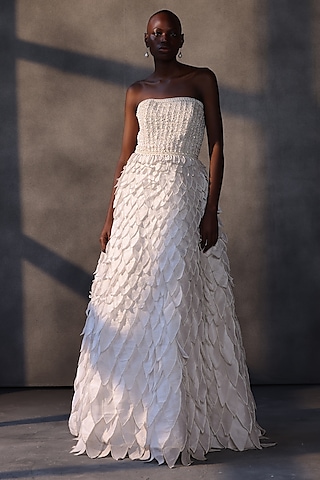 Off-White Taffeta Crystal Embroidered Corset Gown by Payal Jain