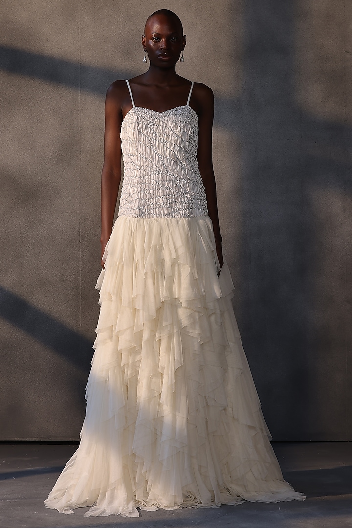 Ivory Taffeta Layered Corset Wedding Gown by Payal Jain at Pernia's Pop Up Shop