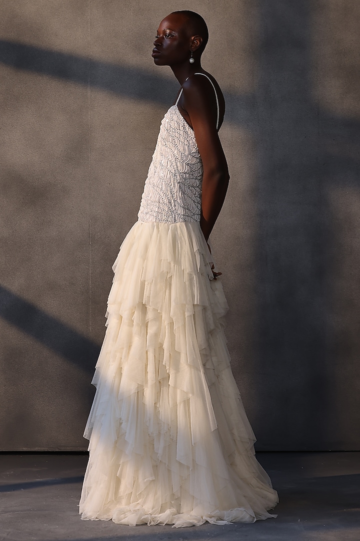 Ivory Taffeta Layered Corset Wedding Gown by Payal Jain at Pernia's Pop Up Shop