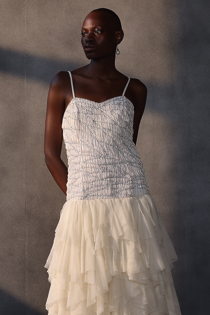 Ivory Taffeta Layered Corset Wedding Gown by Payal Jain at Pernia's Pop Up Shop