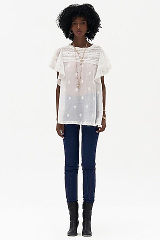 Off-White Mulmul Chikankari Embroidered Top by Payal Jain