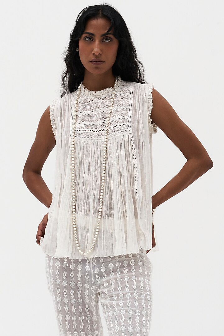 Off-White Cotton Voile Embroidered Top by Payal Jain at Pernia's Pop Up Shop