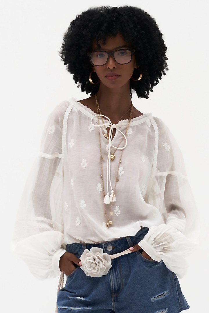 Off-White Mulmul Chikankari Embroidered Top by Payal Jain at Pernia's Pop Up Shop