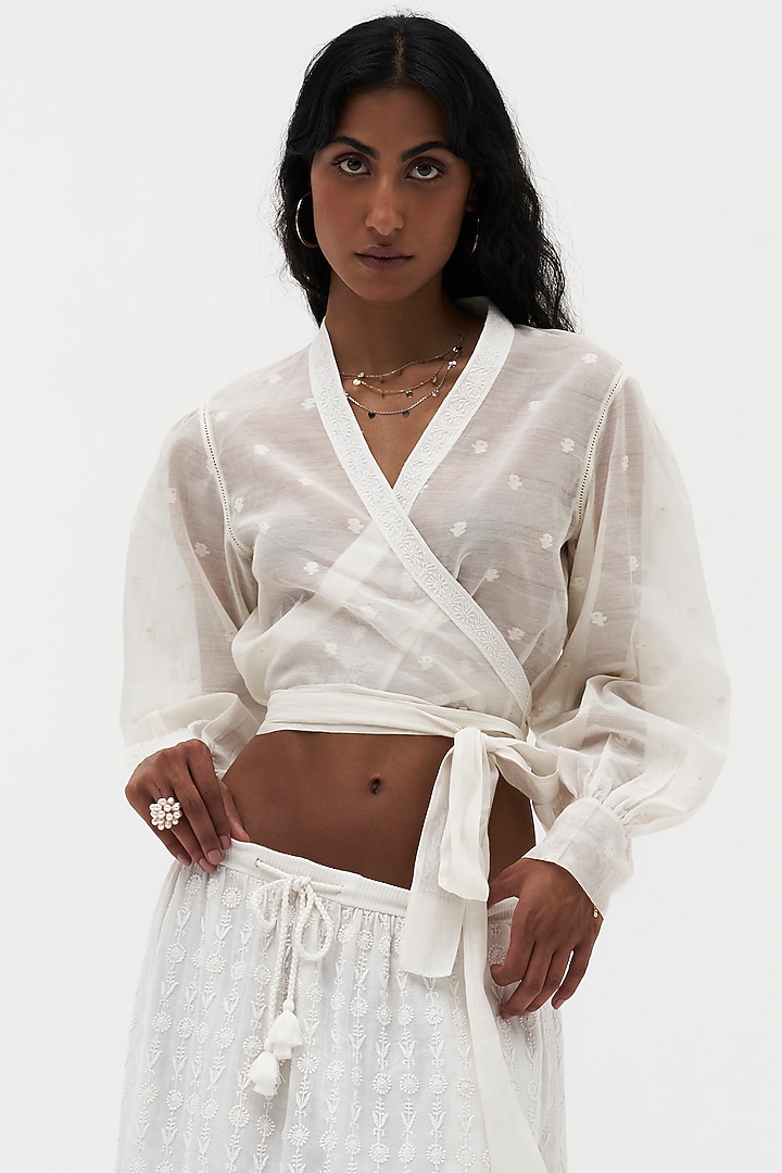 Off-White Mulmul Chikankari Embroidered Wrap Top by Payal Jain at Pernia's Pop Up Shop