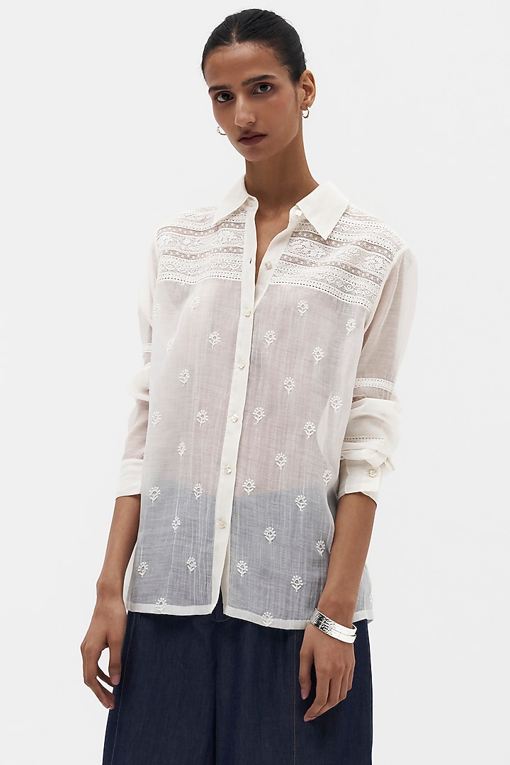 Off-White Mulmul Chikankari Embroidered Shirt by Payal Jain at Pernia's Pop Up Shop