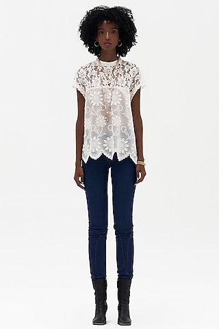 Off-White Sushi Voile Chikankari Embroidered Top by Payal Jain