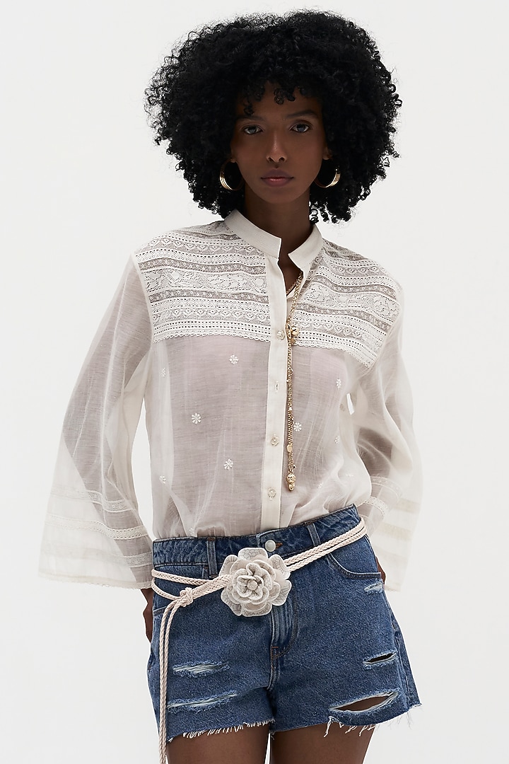 Off-White Mulmul Chikankari Embroidered Shirt by Payal Jain at Pernia's Pop Up Shop
