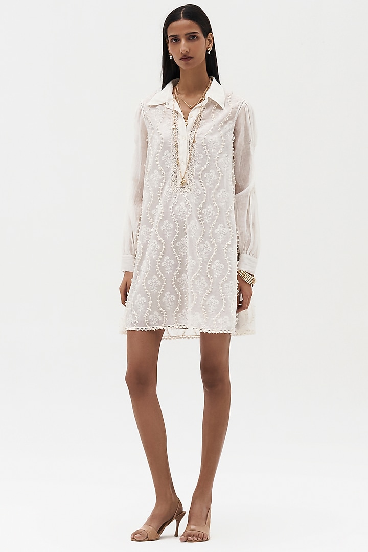Off-White Chanderi Cotton Embroidered Vacation Shirt Dress by Payal Jain at Pernia's Pop Up Shop