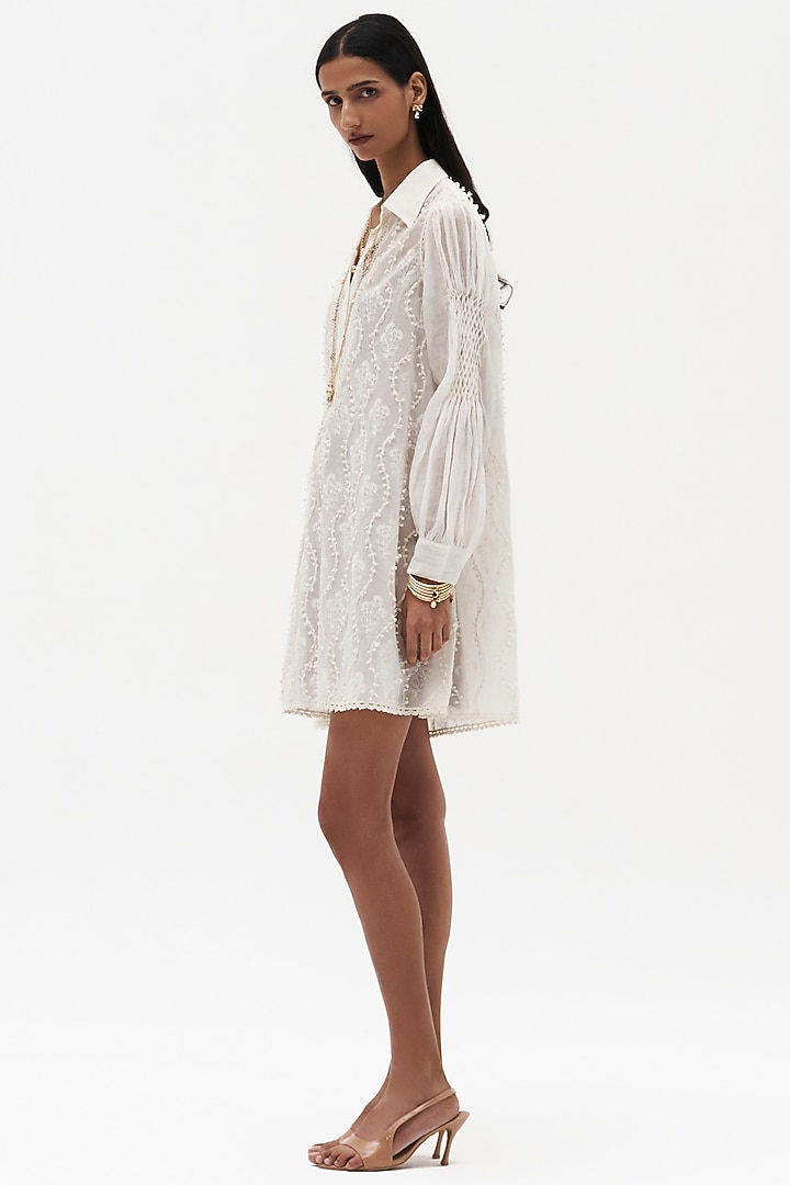 Off-White Chanderi Cotton Embroidered Vacation Shirt Dress by Payal Jain at Pernia's Pop Up Shop