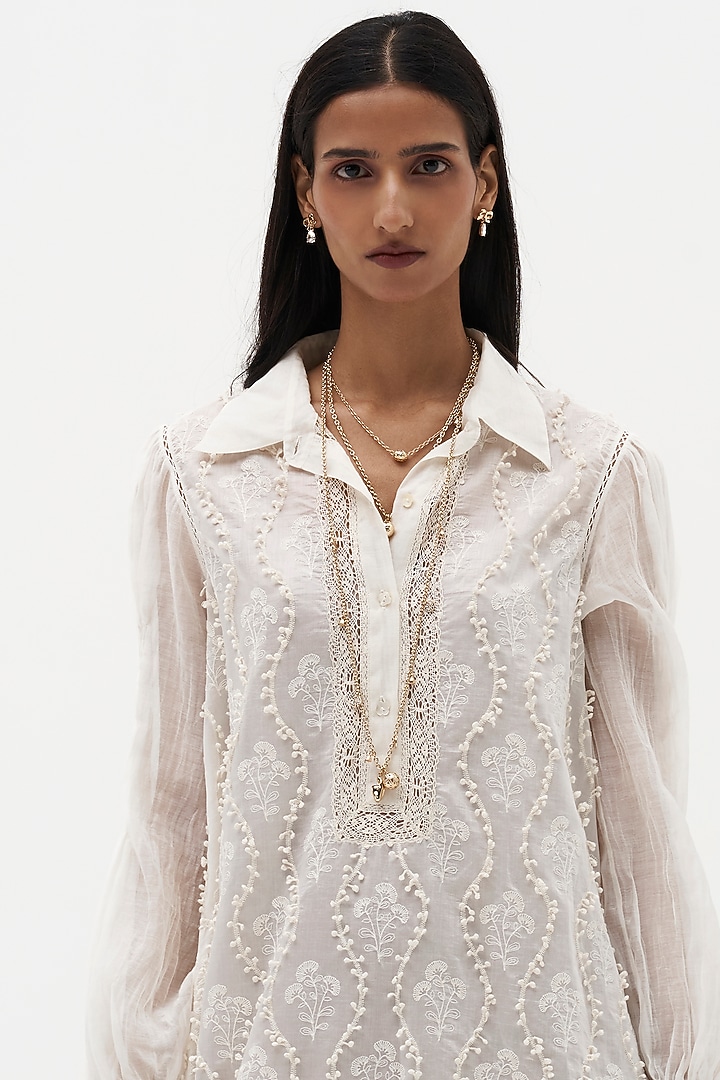 Off-White Chanderi Cotton Embroidered Vacation Shirt Dress by Payal Jain at Pernia's Pop Up Shop