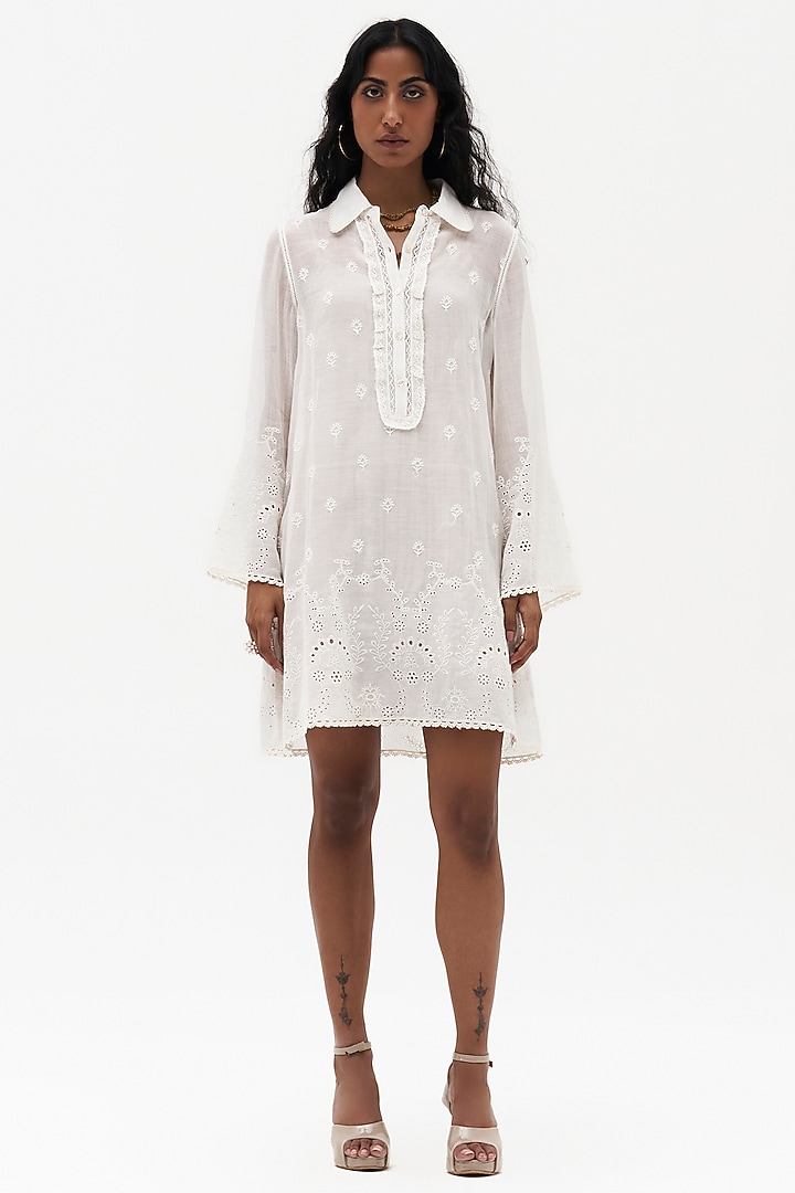 Off-White Mulmul Embroidered Cocktail Dress by Payal Jain at Pernia's Pop Up Shop
