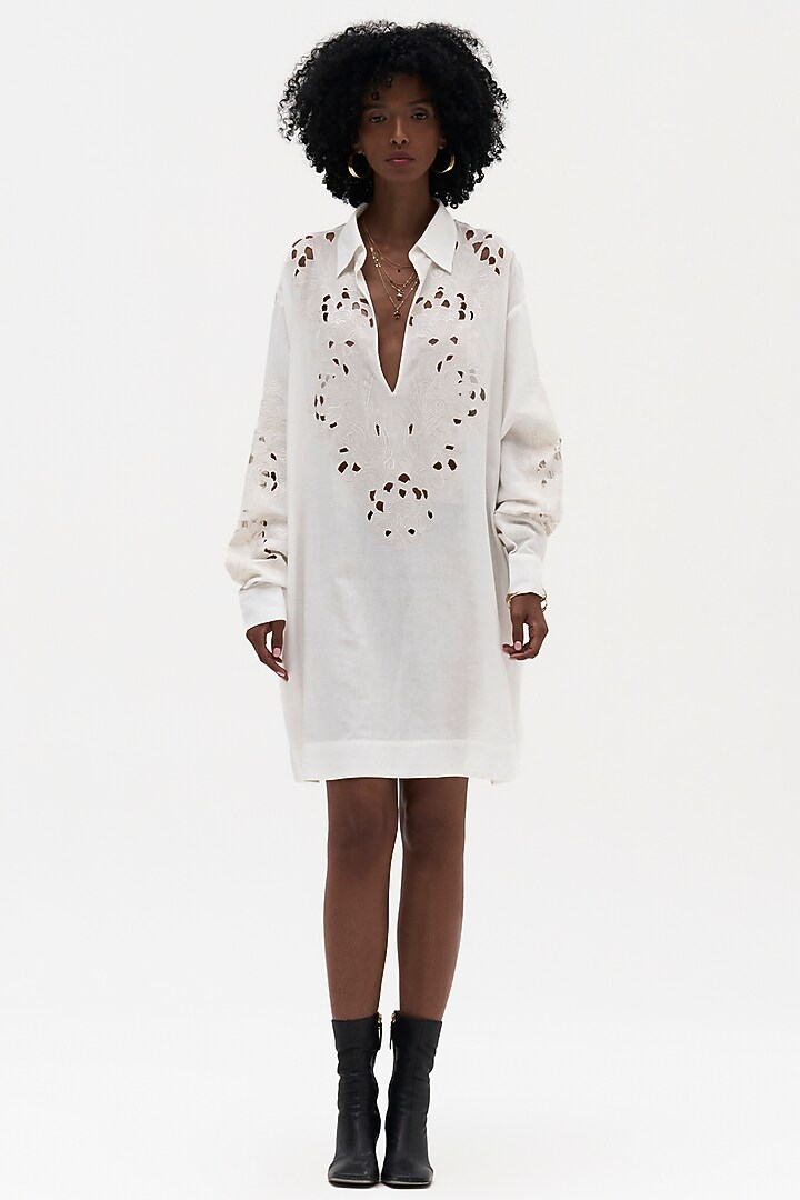 Off-White Cotton Linen Embroidered Vacation Dress by Payal Jain at Pernia's Pop Up Shop