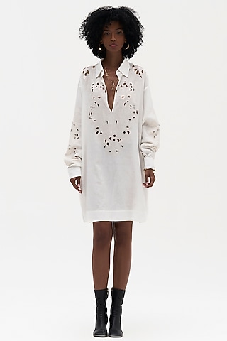 Off-White Cotton Linen Embroidered Dress by Payal Jain