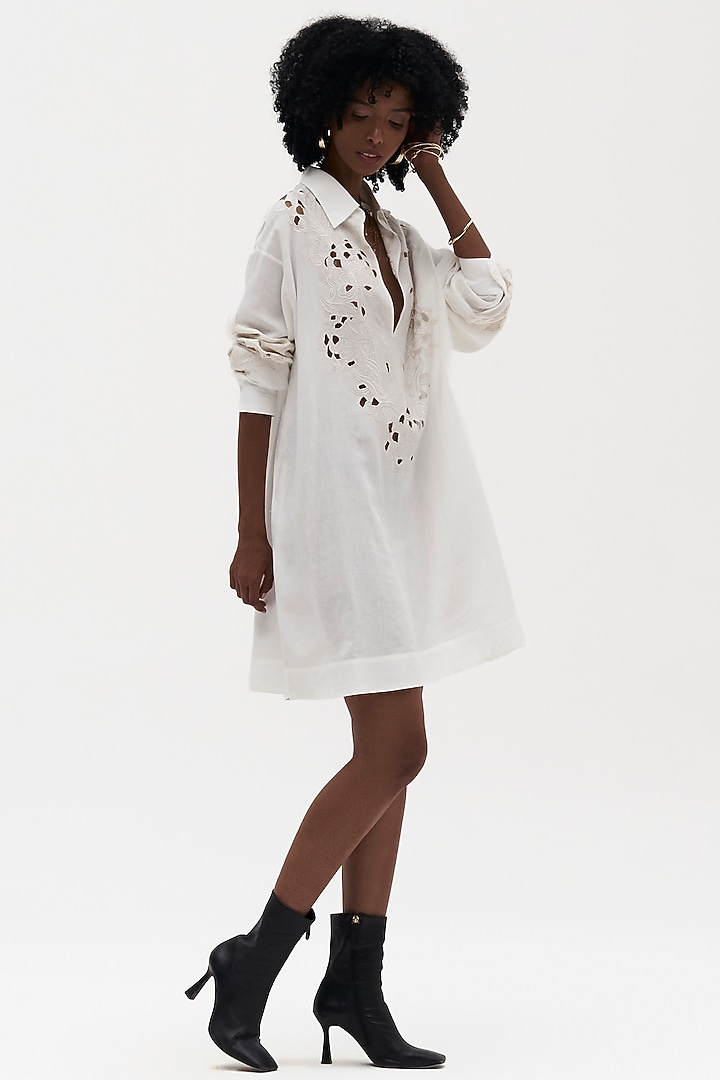 Off-White Cotton Linen Embroidered Vacation Dress by Payal Jain at Pernia's Pop Up Shop