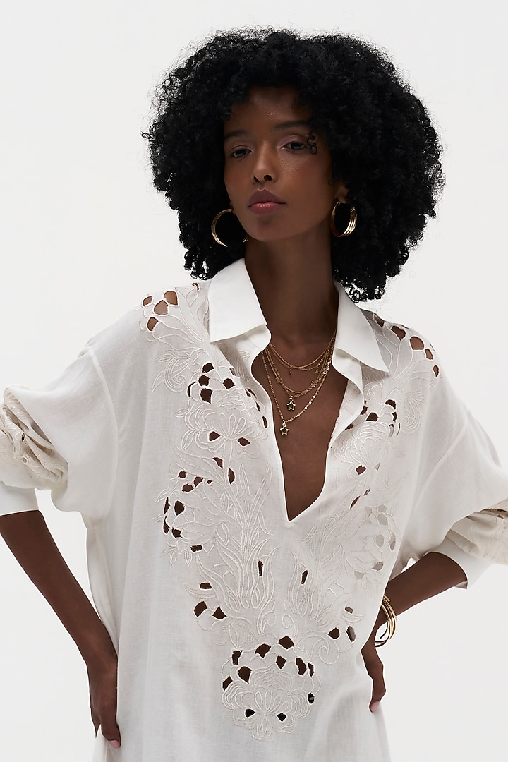 Off-White Cotton Linen Embroidered Vacation Dress by Payal Jain at Pernia's Pop Up Shop