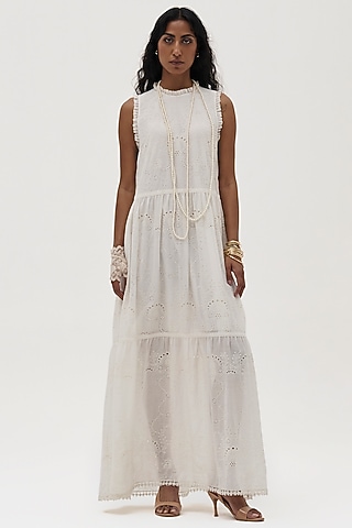 Off-White Cotton Embroidered Dress by Payal Jain