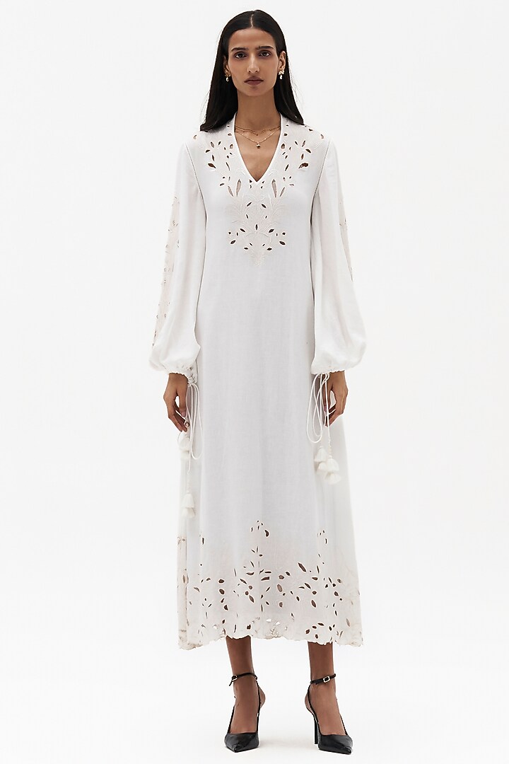 Off-White Cotton Linen Cutwork Embroidered Vacation Dress by Payal Jain at Pernia's Pop Up Shop