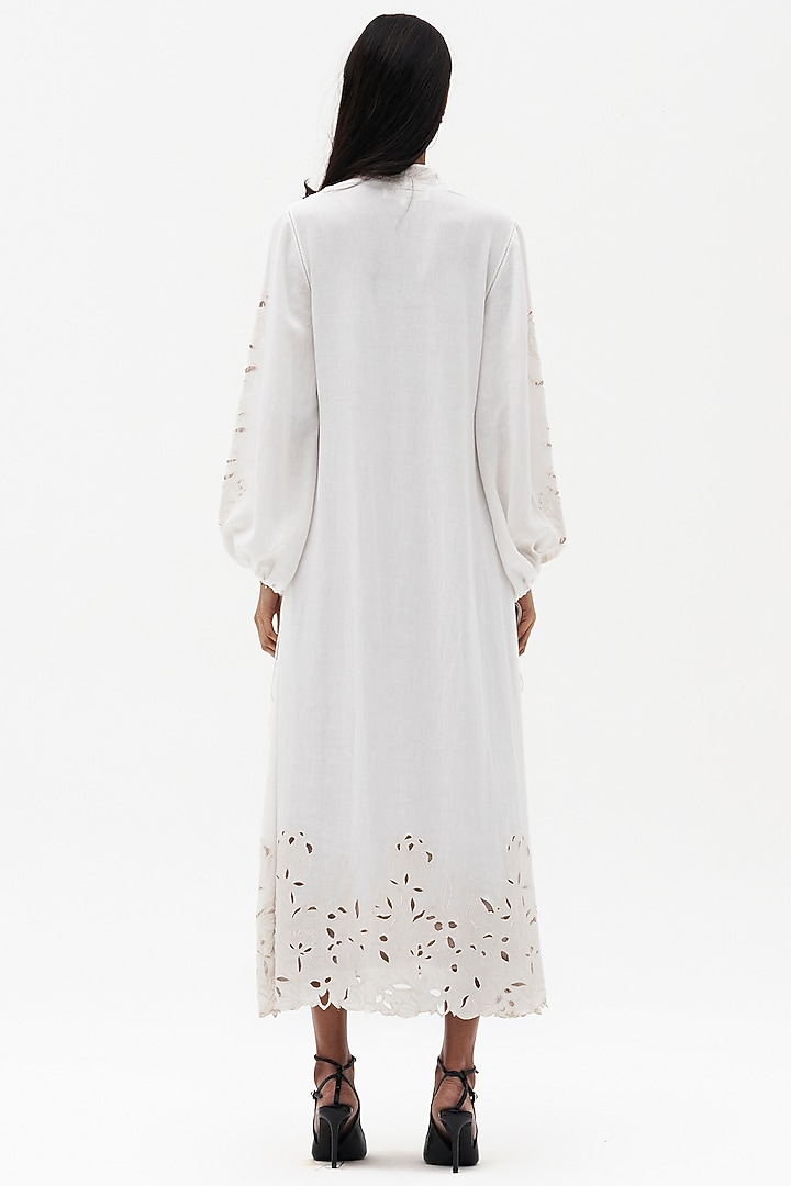Off-White Cotton Linen Cutwork Embroidered Vacation Dress by Payal Jain at Pernia's Pop Up Shop