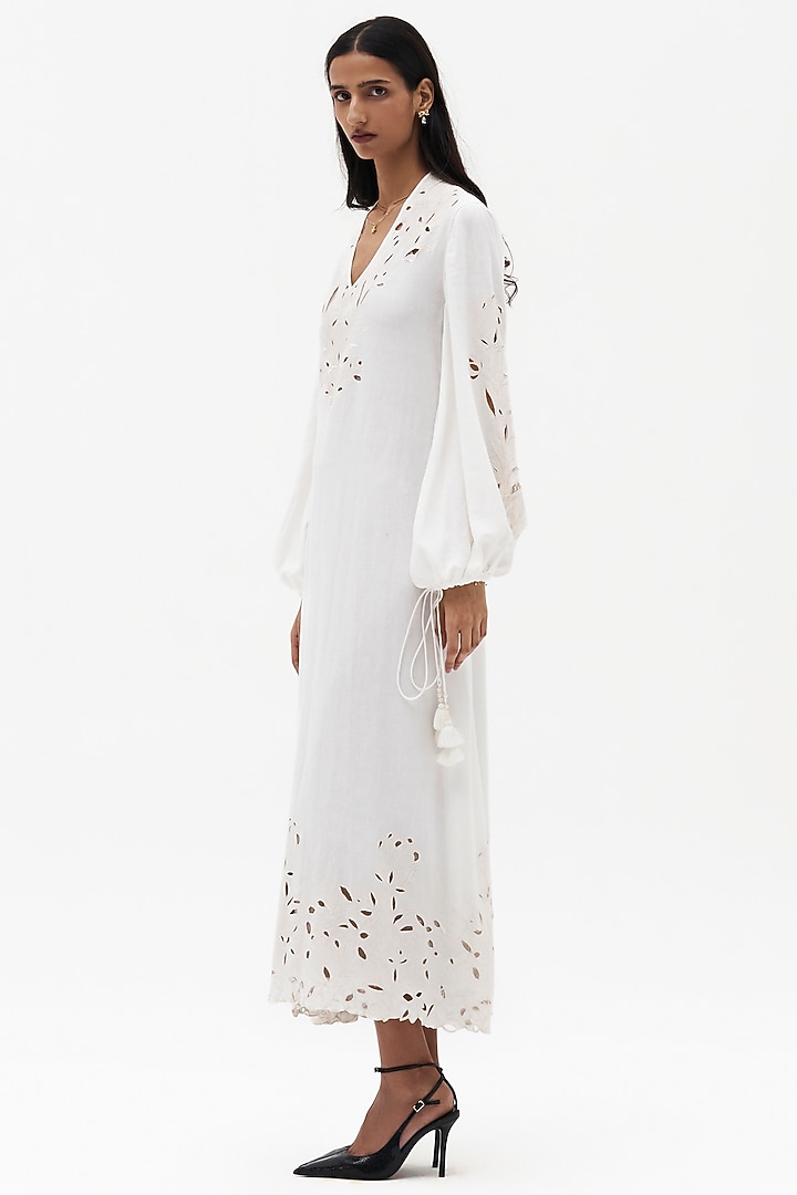 Off-White Cotton Linen Cutwork Embroidered Vacation Dress by Payal Jain at Pernia's Pop Up Shop