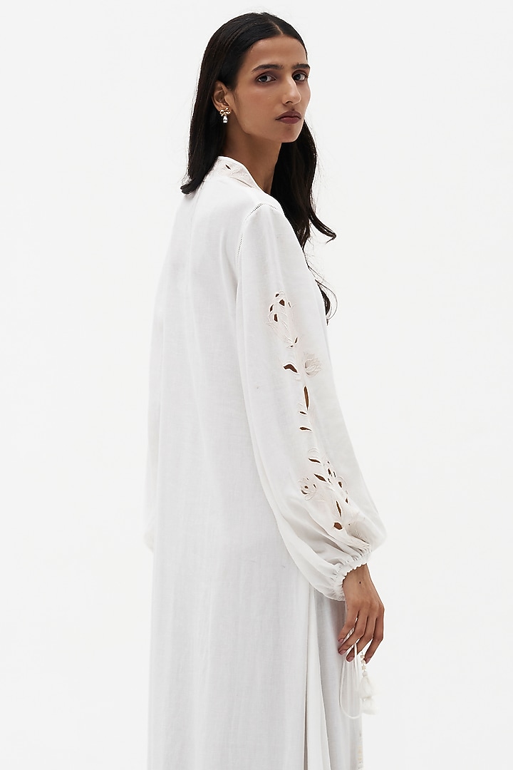 Off-White Cotton Linen Cutwork Embroidered Vacation Dress by Payal Jain at Pernia's Pop Up Shop