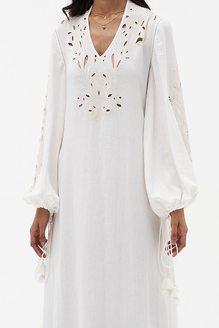 Off-White Cotton Linen Cutwork Embroidered Vacation Dress by Payal Jain at Pernia's Pop Up Shop