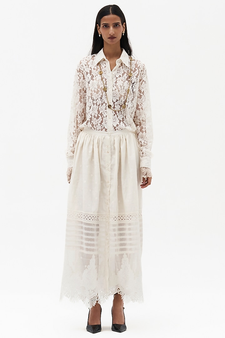 Off-White Chanderi Cotton Embroidered Maxi Skirt by Payal Jain at Pernia's Pop Up Shop