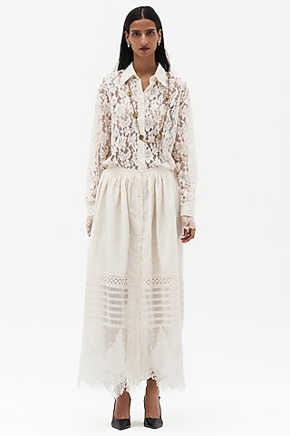 Off-White Chanderi Cotton Embroidered Maxi Skirt by Payal Jain