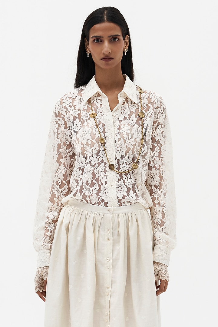 Off-White Chanderi Cotton Embroidered Maxi Skirt by Payal Jain at Pernia's Pop Up Shop