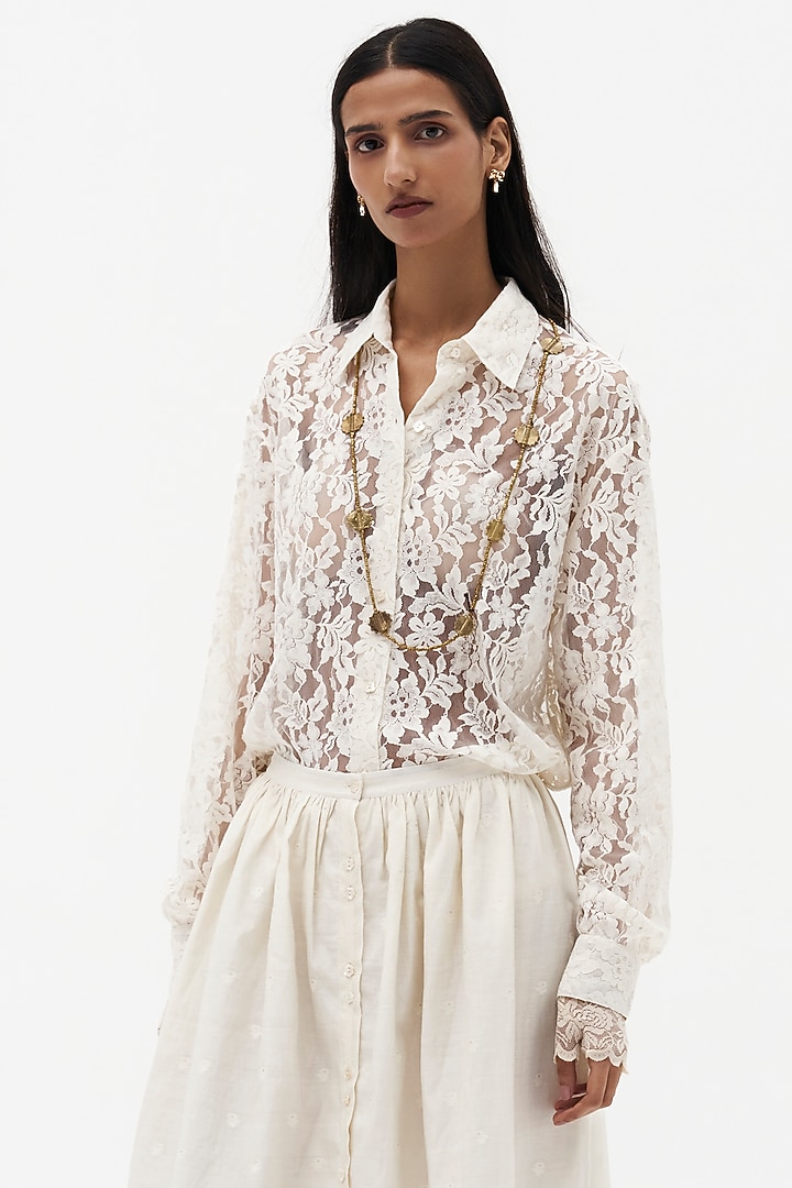 Off-White Chanderi Cotton Embroidered Maxi Skirt by Payal Jain at Pernia's Pop Up Shop