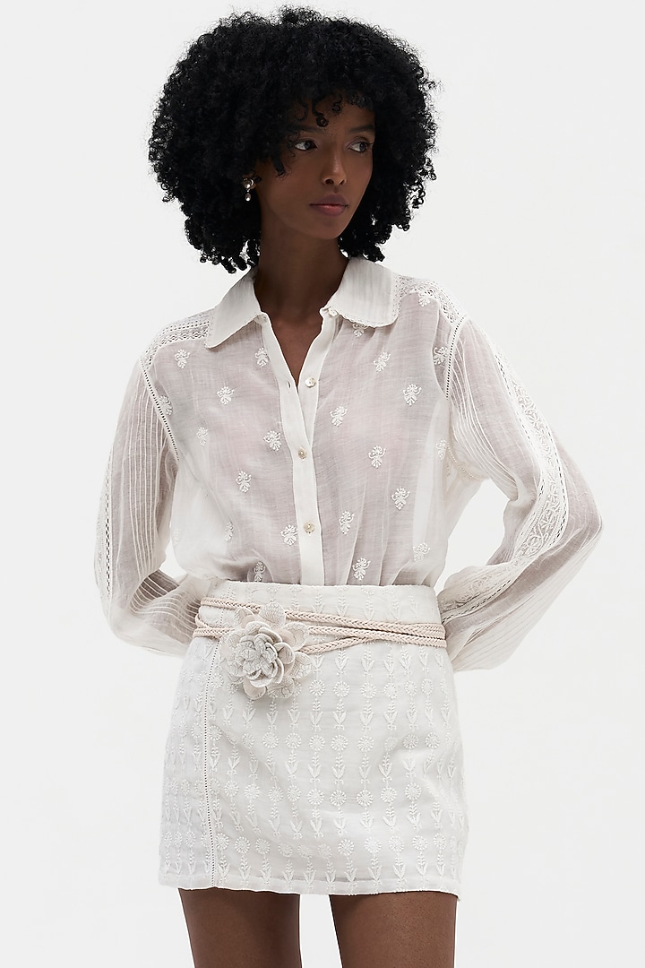 Off-White Cotton Chikankari Embroidered Mini Skirt by Payal Jain at Pernia's Pop Up Shop