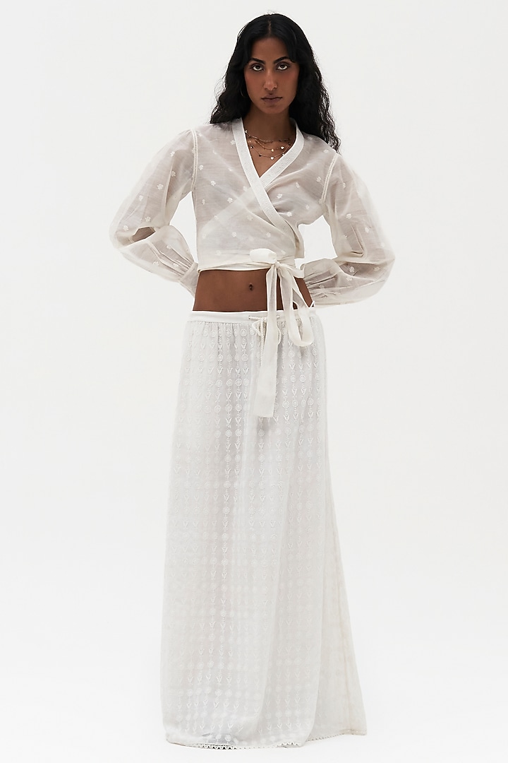 Off-White Cotton Mulmul Embroidered Skirt by Payal Jain at Pernia's Pop Up Shop