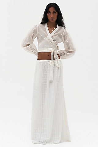 Off-White Cotton Mulmul Embroidered Skirt by Payal Jain
