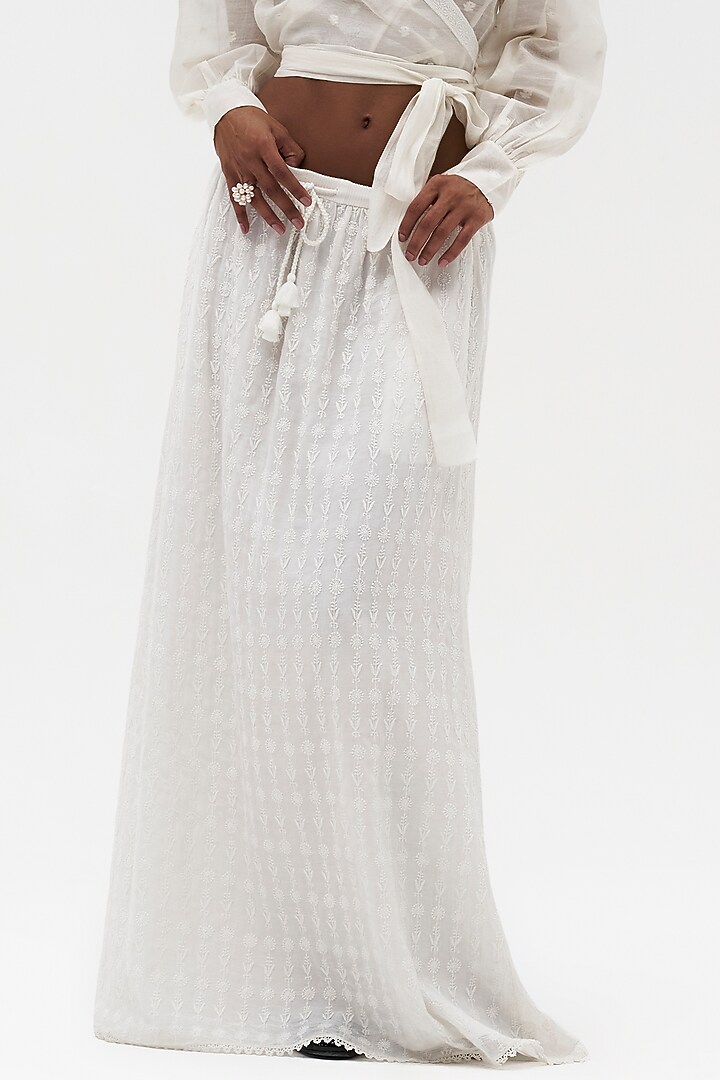 Off-White Cotton Mulmul Embroidered Skirt by Payal Jain at Pernia's Pop Up Shop