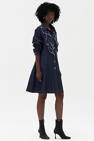 Indigo Denim Embroidered Shirt Dress by Payal Jain